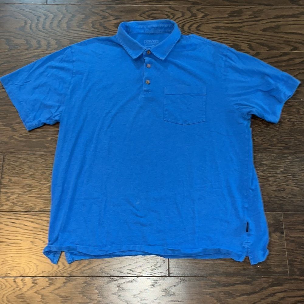 Patagonia organic soft cotton blue hiking trail pocket polo golf shirt worn wear